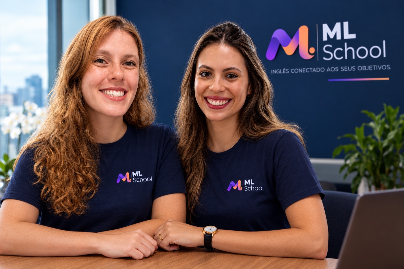 As sócias da ML School sorrindo no escritório da escola
